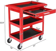 TUFFIOM 3 Tier Rolling Tool Cart, 330 LBS Capacity Industrial Service Cart, Red)