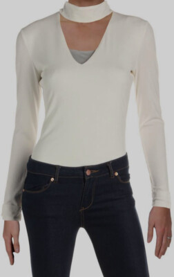 $150 Tiger Mist Women's White Ribbed Cutout Turtle-neck Bodysuit Top Size L