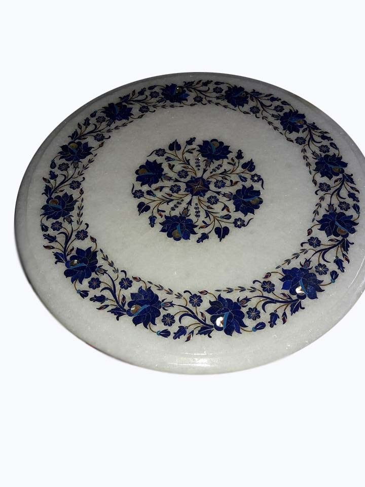 12-inch Handcrafted Marble Coffee Table with Lapis Pietra Dura Semi-Precious Stone Inlay