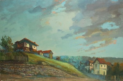 60s realist oil painting town landscape