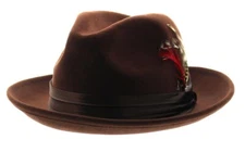 Men's fashion Dark Brown fedora wool hat Satin Band/lining round brim feather.