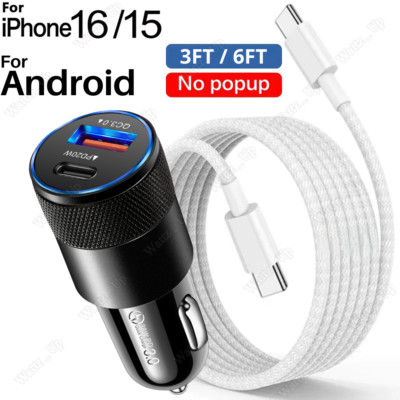 For iPhone 15 16 iPad Pro Dual USB-C Type C Cord Android PD 38W Fast Car Charger