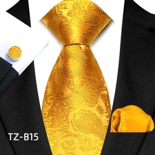 Classic Solid Paisley Gold Jacquard Silk Men's Tie Necktie Hanky Cufflink Set