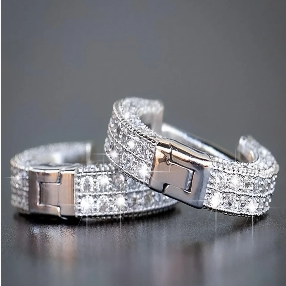 Orecchini a Cerchio con Doppi zirconi Uomo Donna Unisex Cerchietto in Acciaio - Immagine 3 di 4