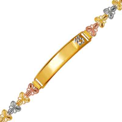 14K Tri Color Gold 15 Anos Quinceanera Diamond Cut Faceted ID Bracelet 7mm Wide