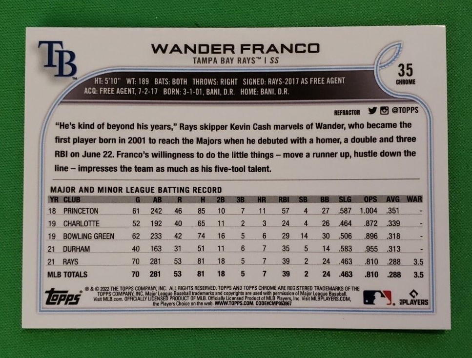 WANDER FRANCO 2022 TOPPS CHROME REFRACTOR ROOKIE RC TAMPA