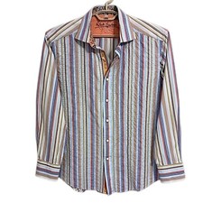 Robert Graham Flip Cuff Shirt L Mens Embroidered Paisley Striped Long Sleeve