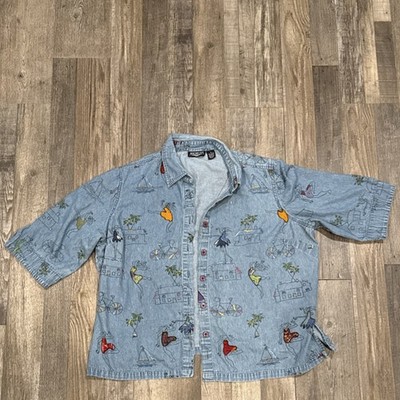 Vintage New Direction Women's 3X Blue Denim Button-Up Shirt Embroidered Cotton