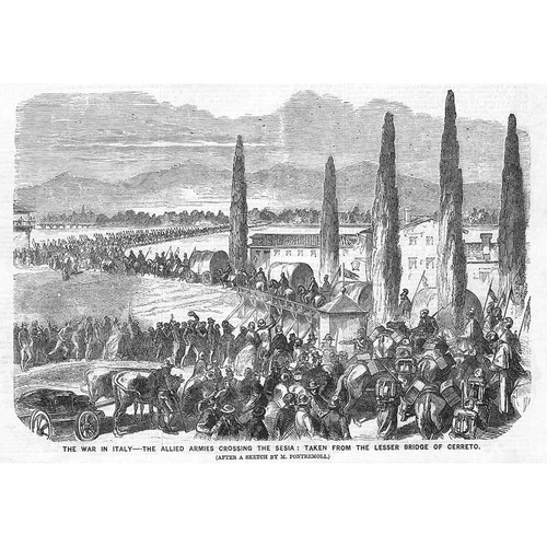 ITALY Allied Armies Crossing the Sesia - Antique Print 1859