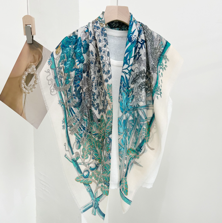95X95cm Blue Leaves Print Pure Cashmere Square Scarf for Women