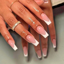 24pc Elegant Nude  White French Tip Fake Nails Long Square Press On Full Cover