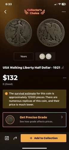 1921 Walking Liberty Half Dollar 50C, Very Good VG, FULL DATE!