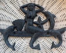 Mermaid Cast Iron 3 Hook Key Coat Hanger Dolphins Shell Starfish Beach Vacation