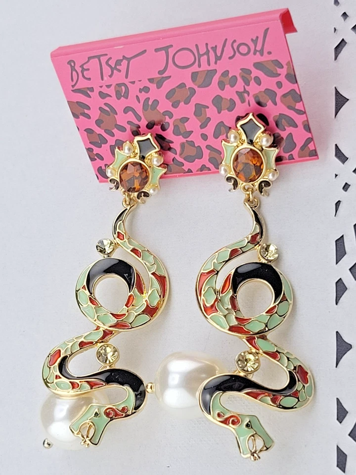 Pendientes de araña de cristal de serpiente esmaltada verde rojo negro Betsy Johnson NOC Foto 4 de 4