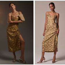 ANTHROPOLOGIE Sequined Slip Midi Dress Gold {3O16}