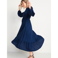 Old Navy Womens Medium Blue Smocked Long Sleeve Tiered Lyocell Midi Dress