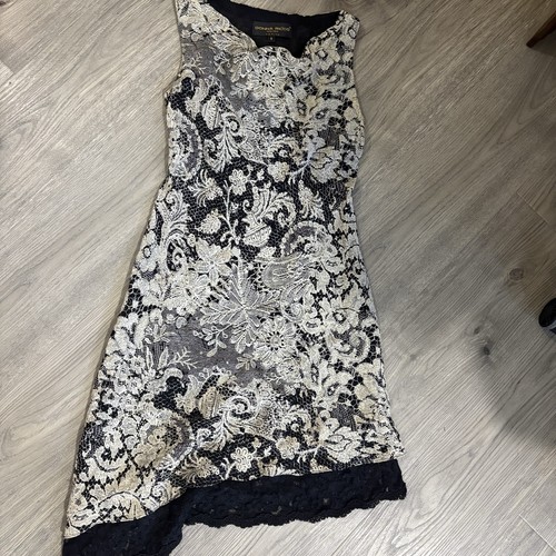 Vtg Donna Ricco Asymmetrical Sleeveless Dress Black Cream Floral Sz 6 Fairy Y2K - Picture 4 of 12