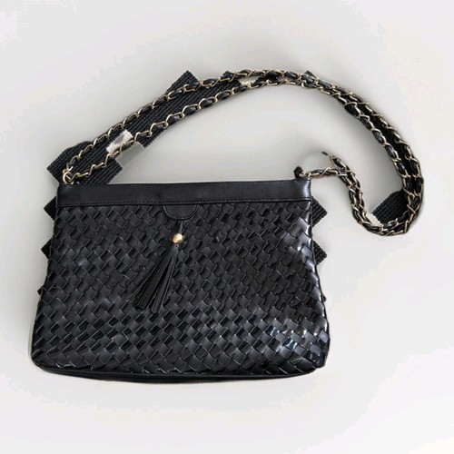 RARE Bueno Soft Faux Leather Cross Body Shoulder Bag Purse Clutch Black Woven