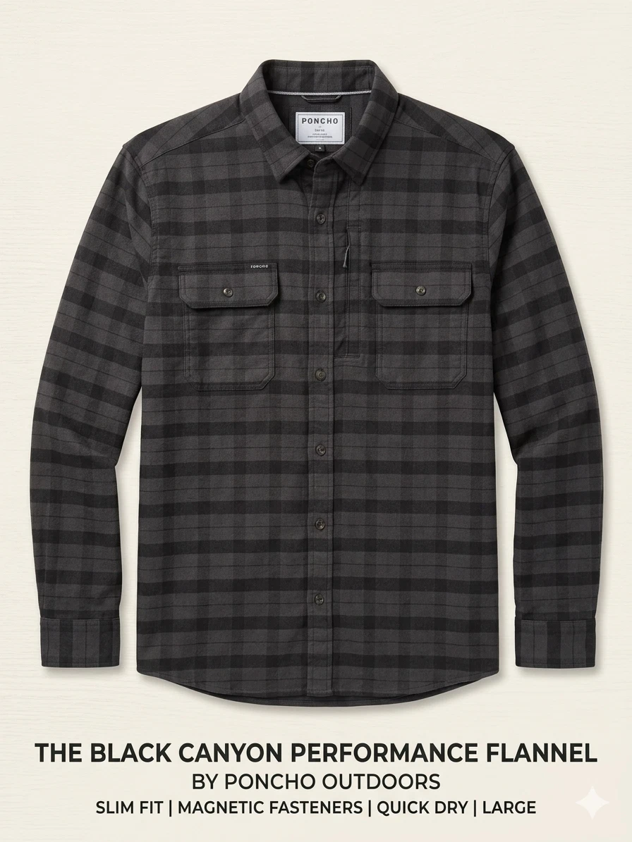 Poncho The Black Canyon Flannel Shirt Mens L Plaid Regular Fit Magnetic Buttons