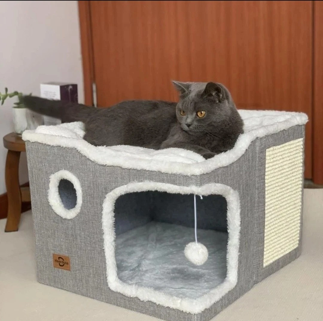 Extra Large Pet-Safe Cat Cube Hideaway W/ Soft Sherpa & Sisal Scratching Ball US