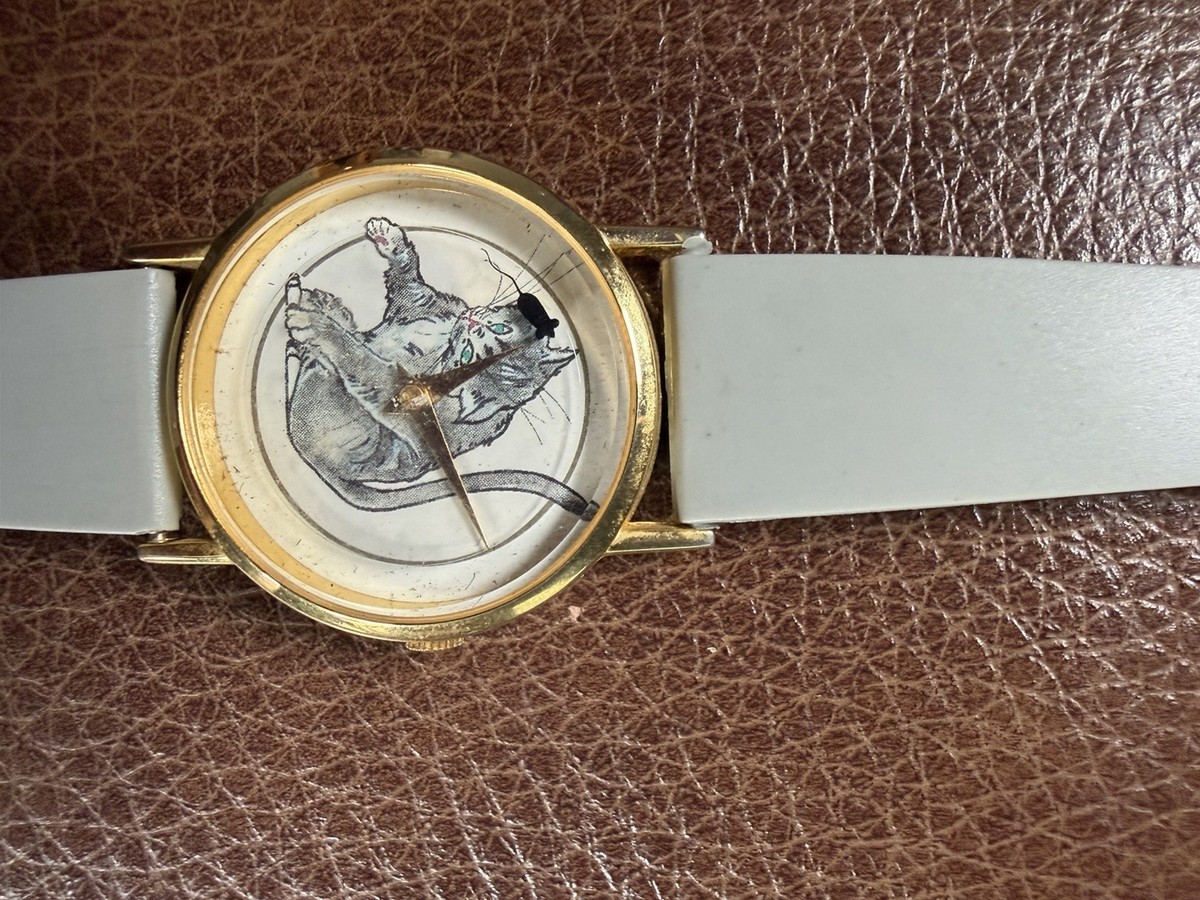 Vintage 1980s Cat & Mouse Watch Gray Watch Band Needs Battery Cute Kitten Motif ? VALDAWN CAT AND MOUSE VINTAGE QUARTZ WATCH $ 239 USD  main image 2