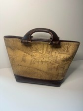 Vintage Suede Leather Bag with Wooden Handles embossed design on front