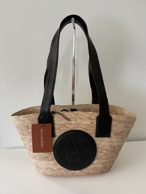 New ALTUZARRA Small Watermill  Straw & Leather Bag Tote Handbag, Black