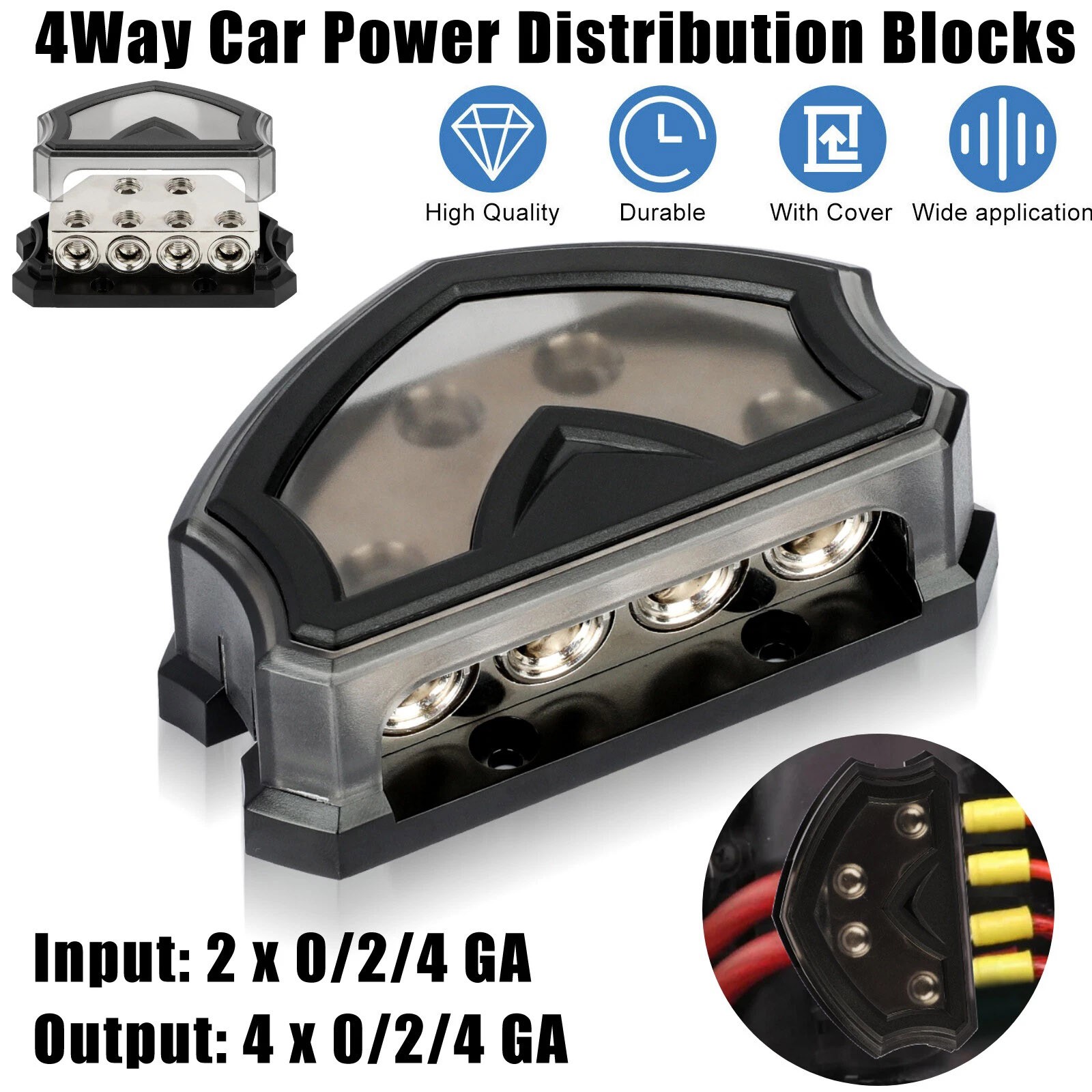 4-Way Power Distribution Block for Car Audio System 0/2/4 Gauge Input Output