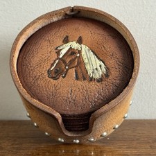 Leather Coaster Set Horse Equestrian 8 With Holder Embossed