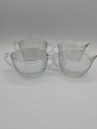 4 Piece Vtg Sugar & Creamer Bowl Anchor Hocking Manhattan Pattern Depression