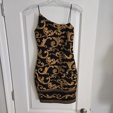 Guess Bodycon Dress Black Gold Sleeveless Mini Cocktail Party Womens Small