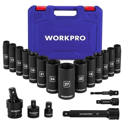 Impact Socket Set 20 Piece 1/2 Drive Deep 6 Point 10-27mm WORKPRO Steel
