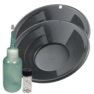 Sluice Monkey Set of (2) 10'' Black Gold Pans Panning Kit with Sniffer & Vial