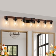 50" Rustic 7-Light Vanity Light with Glass Shades and Wood Accent