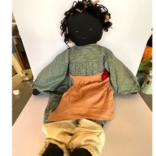 Beautiful vintage cloth doll; folk art doll with dress, apron, heart, yarn hair