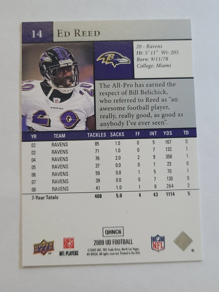 2009 Upper Deck Ed Reed Baltimore Ravens #14 - Image 2 of 2