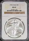 Key Date 1996 $1 Silver American Eagle MS 69 NGC # 3618512-136 + Bonus