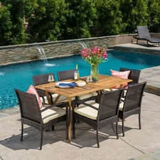 Patio Zakynthos 7 Piece Outdoor Dining Set Wood Table & 6 Wicker Chairs Deck