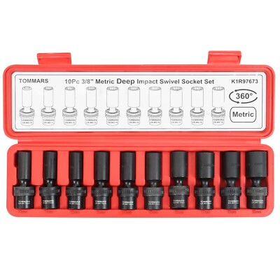 TOMMARS 3/8'' Drive Universal Swivel Impact Socket Set Deep, 6 Point Wobble Fl...