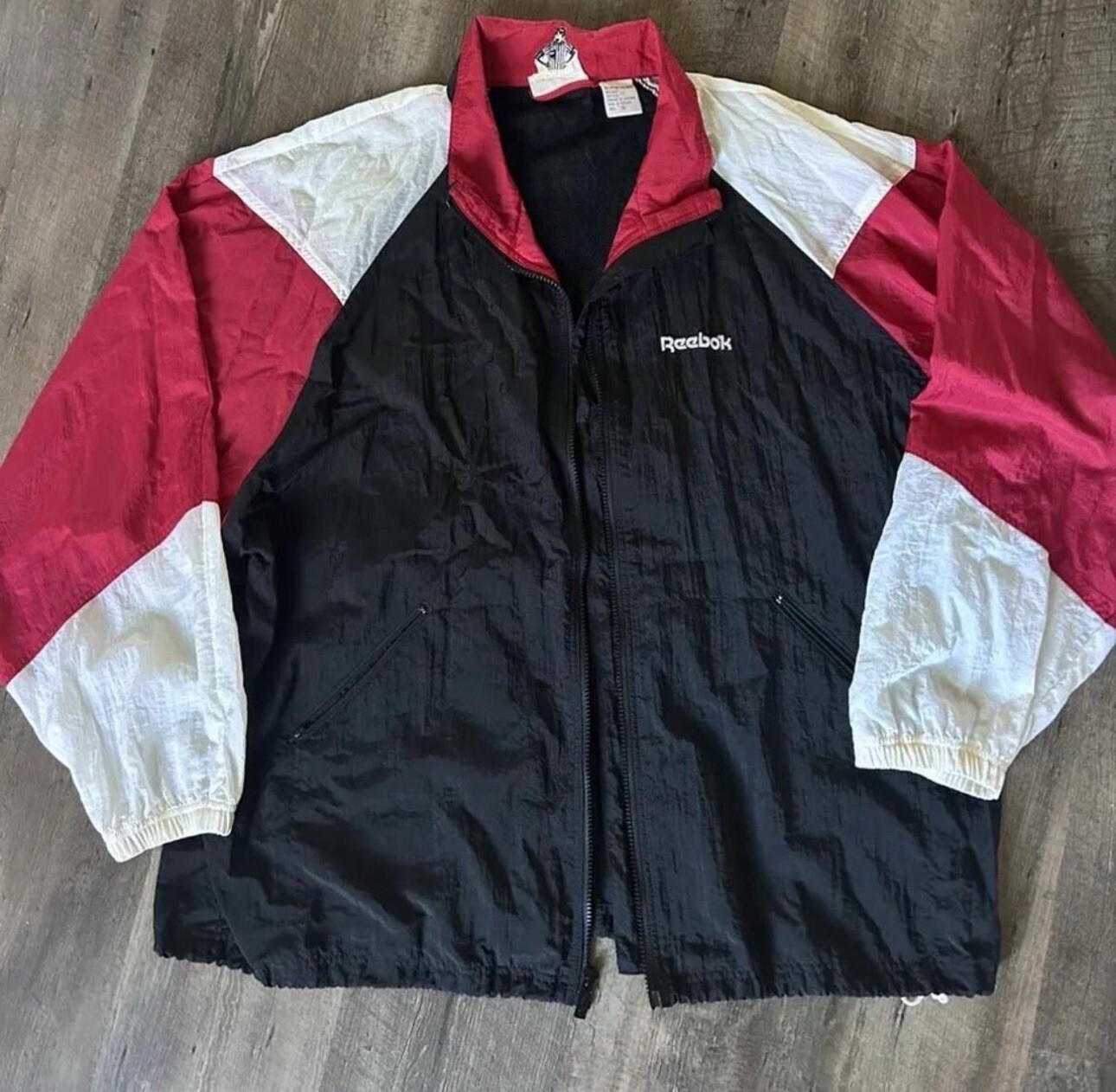 Vintage 90s Reebok Mens XL Distressed Spell Out Color Block Windbreaker Jacket