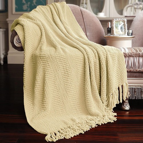 Boho Knitted Throw Blanket – Tweed Texture, Tassels, Lightweight Couch Bed Decor - Picture 177 of 337
