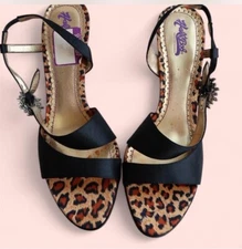 Halé Bob Leopard print satin high heels with rhinestone detail, 3.5" heel
