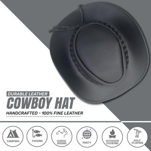 Real Leather Cowboy Hat Mens Vintage Chinstrap Australian Western Style Bush Hat - Picture 12 of 89