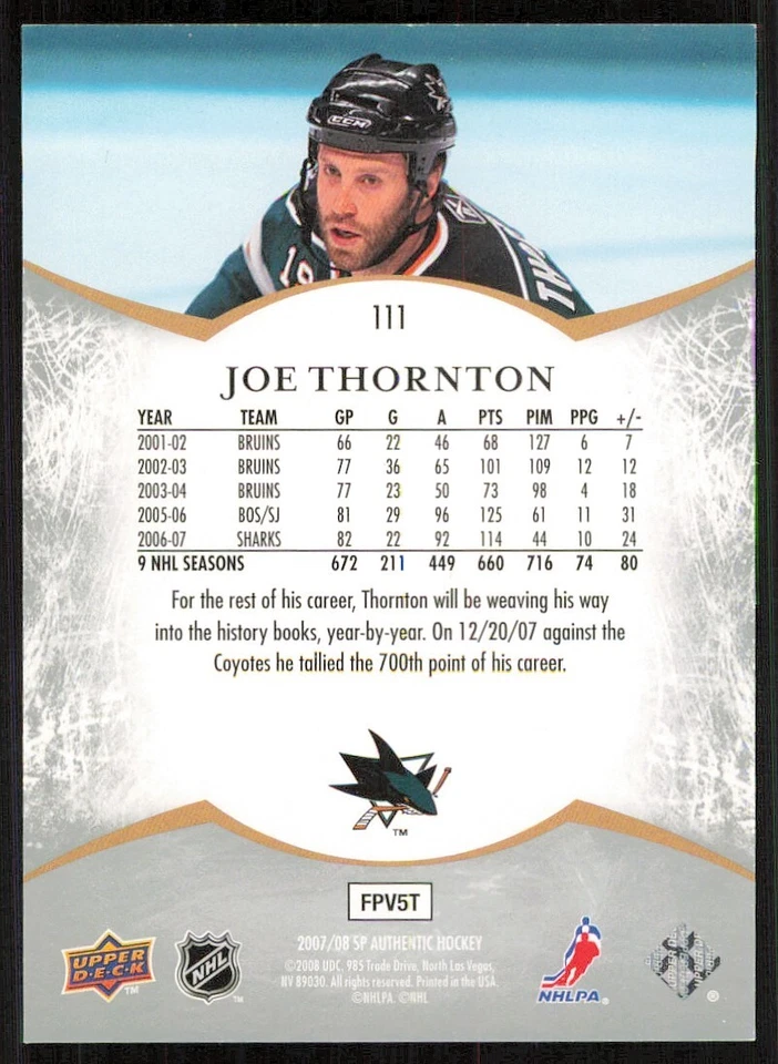 2007-08 SP Authentic #111 Joe Thornton NOT /1999 - Image 2 of 2