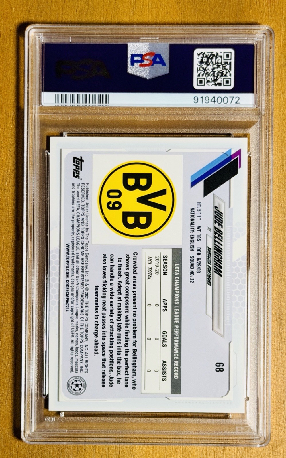 2020-21 Topps Chrome UCL Jude Bellingham RC Sapphire Edition Rookie PSA 10 Gem view 2