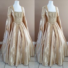Victorian Champagne Wedding Dresses Satin Long Sleeve Full Length Bridal Gowns