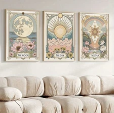 Set Of 3 Vintage Tarot Card Style Canvas Wall Art Prints 30x40cm Sun Moon #167