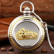 Steam Train Design Pocket Watch Two-Tone Quartz Movement Birthday Gift Idea
