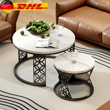 2er Set Couchtisch Rund Beistelltisch mit Marmoroptik, Wohnzimmertisch Weiß