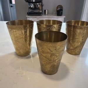 4 Wine Goblets Brass Emblem of Saudi Arabia Vintage Chalices Engraved Floral